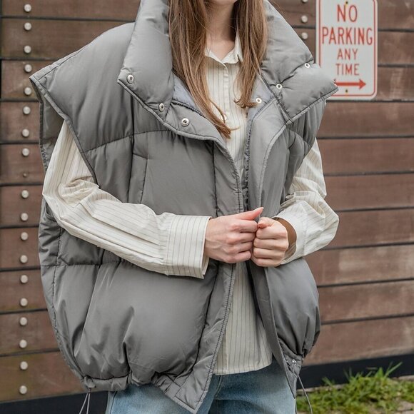 Grey Casual Women's Drawstring Hem Sleeveless Zip Front Puffer Pockets Coat - Picture 6 of 8